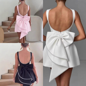 Nouvelle Robe Femme Coupe Slim avec Nœud Perlé, Taille Ajustée, Dos Nu, Coupe Trapèze, Couleur Unie, Style Tendance - Product Image 2