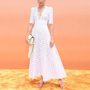 2023 Beach Custom Luxury Hollow Out Vestidos Mujer Women Elegant White Long Maxi Casual Crochet Linen Embroidered Dress