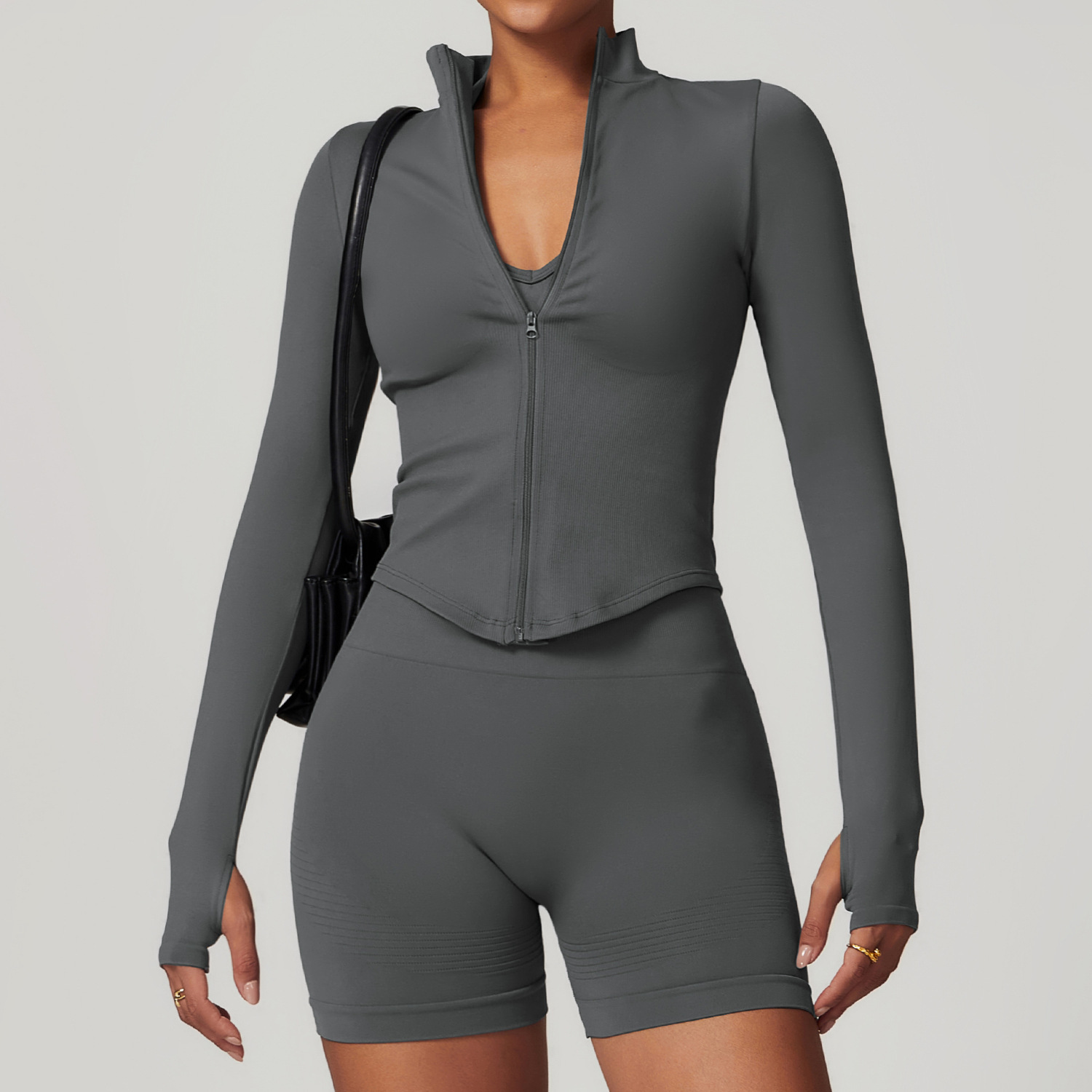 YanRuo Standing Collar Zipper Long Sleeve Tight Quick-drying Yoga Wear Outdoor Fitness Wear Women Yoga