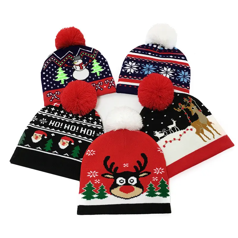 หมวกคริสต์มาสสำหรับเด็ก,สเวตเตอร์ซานต้าเอลก์ถักหมวกบีนนี่หมวกอะคริลิคลายการ์ตูนของขวัญคริสต์มาส
