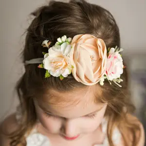 Nylon Hoofdband Bijpassende Satijnen Burn Bloemen Vintage Stijl Haarband Bloem Kroon Hoofdband Voor Baby