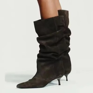 Botas de Invierno para Mujer, Diseño Plisado, Altura hasta la Rodilla, Estilo Retro, Punta Puntiaguda, Tacón Bajo, Ligeras y Cómodas - Product Image 6