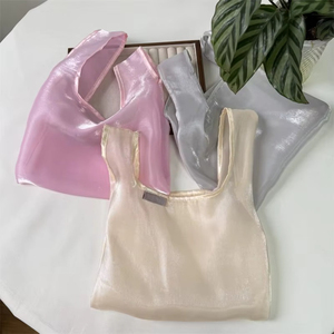 Sac fourre-tout transparent en maille pour femme avec étiquette personnalisée, grande capacité, sac de shopping en organza couleur unie - pour cadeaux - Product Image 6