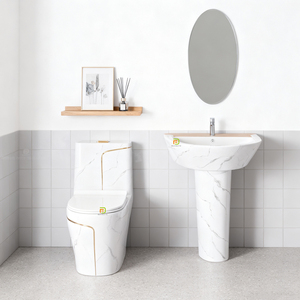 Set Moderno per <span class=keywords><strong>Bagno</strong></span> con WC in Porcellana e Lavabo su Colonna, Set Completo in Ceramica Effetto Marmo Nero - Product Image 3