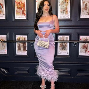 High Quality Elegant slip Lavender <strong>Dresses</strong> With Feathers Evening Party 2022 <strong>Wrap</strong> <strong>Silk</strong> Sexy <strong>Dresses</strong> Women - Product Image 1