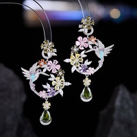 Boucles d'oreilles pendantes rétro en émail floral et oiseaux, style chinois, serties de diamants, en cuivre électroplaqué pour femmes - Ornements d'oreille vintage