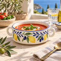 Bol à soupe en céramique à double poignée Citron Olive, peint à la main, en porcelaine, pour céréales et petit-déjeuner, personnalisable OEM ODM, vente en gros