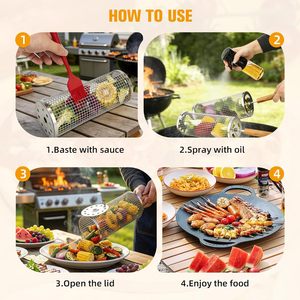 New 2pcs <b>Round</b> Tube Cylinder Barbecue Barbeque BBQ Roller 304 Stainless Steel Rolling Grilling Nesting Grill Baskets for Outdoor - Product Image 5