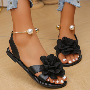 Sandalias planas con punta abierta para mujer, decoración de flores en 3D, correa trasera, calzado informal suave para uso diario, calzado de verano para exteriores para mujer - Product Image 2