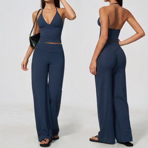 <b>Women's</b> 2 Piece Casual Set Halter Sleeveless Crop <b>Top</b> High Waist Wide Leg Pants Striped <b>Navy</b> Blue Breathable Knitted Polyester - Product Image 1