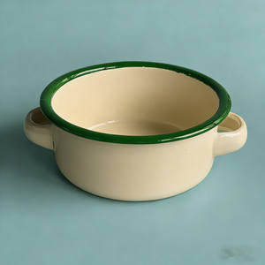 Tigelas de Sopa Redondas de Metal Esmaltado com Logotipo Personalizado, Cores Clássicas Creme e Verde, Borda Verde, Alça Dupla, 8cm, 11cm, 14cm, 18cm - Product Image 1