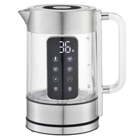 Bouilloire électrique intelligente en verre borosilicate de 1,7 L, à double paroi, avec protection contre l'ébullition à sec et arrêt automatique, vente en gros