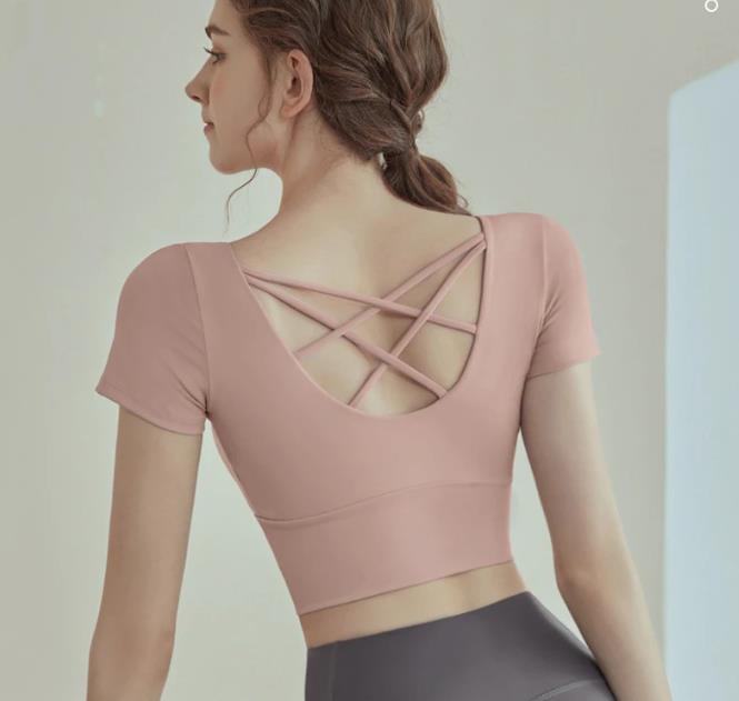 2025 Women Cross Back Sports Shirts Round Neck Short Sleeve Yoga Crop Tops Fitness Gym Workout Sportswear Backless Slim Fit Tops