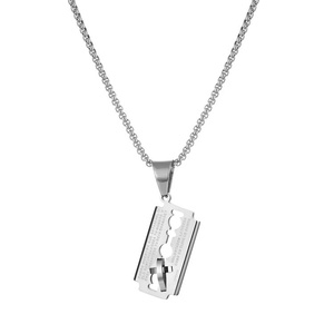 Collier en acier inoxydable avec pendentif lame de rasoir et croix gravée, style punk rock cool pour hommes, bijoux argentés - Product Image 1