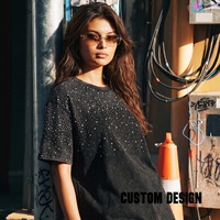 T-shirt homme à manches courtes en coton pur 275g, coupe ample, col rond, avec strass, noir délavé, streetwear, motif graphique, été
