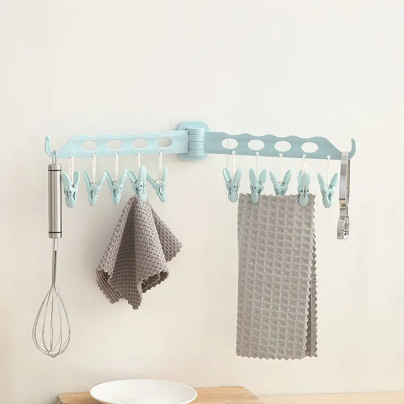 Space Saving 10 Clips Foldable Wall Hanging Clothes Drying Rack Outdoor Plastic Hangers for Bra and Socks