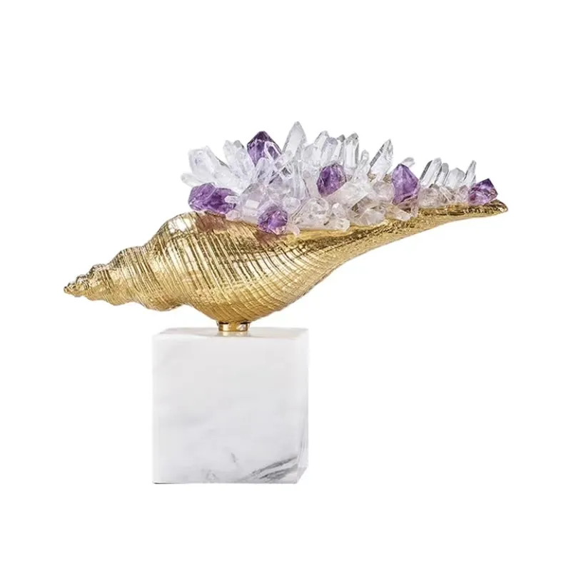 Customized Natural clear Quartz strips amethyst crystal crafts with golden metal snail base for home decoration