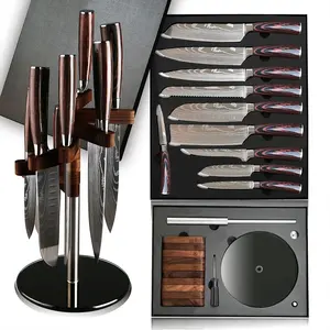 Couteau de chef professionnel japonais en acier super tranchant, manche en bois de pakka, ensemble de couteaux de cuisine damas à motif laser, vente en gros