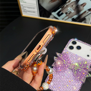 Coque de téléphone portable avec breloques nœud papillon 3D en diamant et cordon pour iPhone 17 Air 16 Pro Max, coque mignonne pour iPhone 17 avec chaîne - Product Image 6