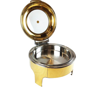 Plat de service chauffant et réchaud <span class=keywords><strong>buffet</strong></span> rond en acier inoxydable doré 6L avec grande fenêtre en verre, style royal moderne de luxe, alimenté à l'alcool - Product Image 5