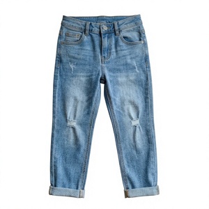 Jean en denim déchiré délavé bleu clair taille mi-haute coupe droite respirant longueur mollet style vintage décontracté sexy pour femme - Product Image 1