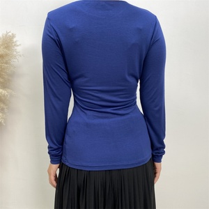 2168# Round Neck <b>Plain</b> Color Long Sleeve Women Blouse Simple Thin Cotton Tunic Tops for Muslim Lady 2 Colors - Product Image 3