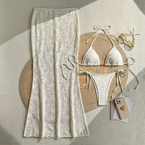 Floral Crochet 3 Piece <b>Bikini</b> Set Triangle Halter Tie-Side Swimsuit Maxi Cover-Up <b>Skirt</b> Women Beach Front Quick-Dry Wholesale - Product Image 1