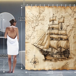 Cortina de Ducha de Poliéster con Estampado Digital de Mapa Marrón y Brújula, Cortina de Baño Impermeable, Venta al por Mayor, Moderna - Product Image 3
