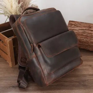 New Arrival Vintage Design Rucksack 15.6 Inches Full Grain Crazy Horse Genuine Cow Leather Business Laptop Backpack