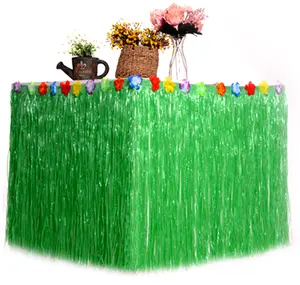 हवाई पार्टी सजावट टेबल स्कर्ट फूलों के साथ पिकनिक जन्मदिन भोज सजावट के लिए उष्णकटिबंधीय घास टेबल स्कर्ट
