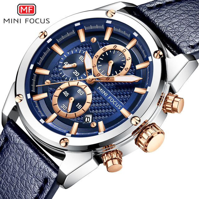 MINI FOCUS Business Quartz Watches for Man Waterproof Luminous Chronograph Wristwatch Leather Strap Clock Reloj Hombre 0161G