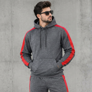Chándal con Capucha para Hombre, Color Gris y Rojo, Estilo Urbano, Mangas Largas, Bolsillos Laterales con Cordón, Ropa de Invierno, 100% Algodón Felpa - Product Image 1