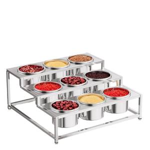 Étagère à épices à trois niveaux en acier inoxydable, 16 compartiments, pots ronds, support à condiments pour service buffet, équipement de restaurant - Product Image 1