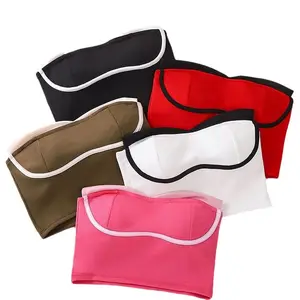 wholesale Sexy Invisible Strap braless pad croptop women wholesale Color contrast wireless fixed cup cotton tube top