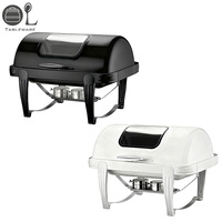 Set Perlengkapan Prasmanan Chafing Dish Stainless Steel Putih/Hitam Kelas Atas Grosir, Sistem Pemanas Alkohol Roll Top, Kontrol Suhu, Hemat Energi