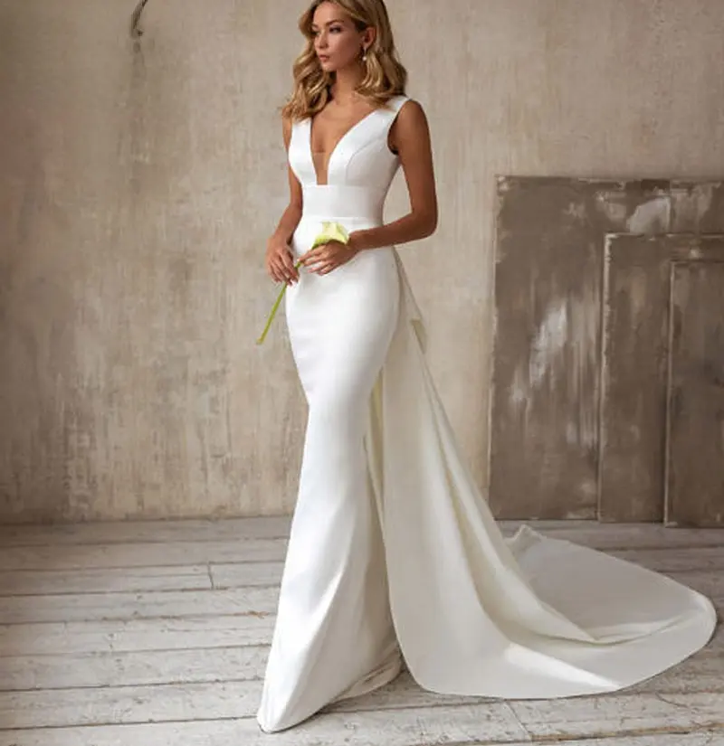 فستان زفاف أبيض من minmin, فستان زفاف أبيض مثير بدون أكمام ورقبة على شكل حرف v جاهز للشحن ، للبيع بالجملة ، موديلات 2023