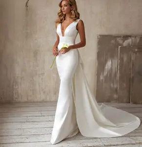 Minmin pronto per la spedizione di alta qualità moda scollo a v senza maniche sexy bianco 2023 ragazza abito da sposa all'ingrosso