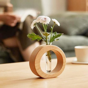 Jarrón hidropónico de madera con tubo de vidrio para plantas de interior, decoración minimalista para escritorio - Product Image 3