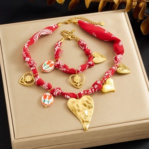Fashion Bohemian Fabric Scarf Heart Pendant Jewelry <b>Set</b> Women's Zinc Alloy Red Patterned Necklace <b>Bracelet</b> <b>Set</b> - Product Image 1