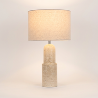 Lampe de table cylindrique moderne à intensité variable avec base en marbre naturel et abat-jour en tissu blanc pour lecture, chambre et salon