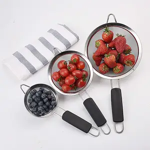 Conjunto de 3 polidores e filtros de aço inoxidável premium, filtro de malha fina, peneira de farinha com alça isolada, utensílios de cozinha