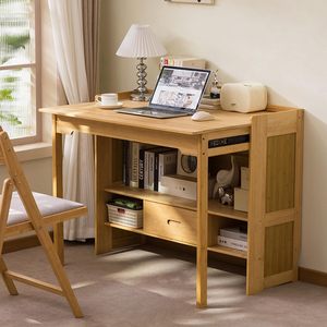 Escritorio Plegable de Bambú y Estantería <span class=keywords><strong>con</strong></span> Cajón, Mesa de Computadora Portátil Plegable, Ahorra Espacio, de Madera, para el Hogar, Dormitorio, Estudio u Oficina - Product Image 1