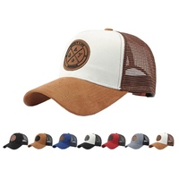 Gorra de malla de 5 paneles de alta calidad, gorra trucker de gamuza con logotipo personalizado bordado, gorra de malla trucker para hombres y mujeres