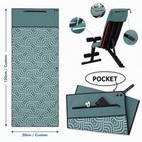 Serviette de banc de gym avec poche pour téléphone 120x50cm, anti-transpiration, séchage rapide, lavable, avec boutons-pression