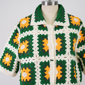 <span class=keywords><strong>Polo</strong></span> Vintage con Bottoni e Collo a V, Aderente, Estiva a Maniche Corte, in Maglia Aperta, Casual in Cotone <span class=keywords><strong>Jacquard</strong></span> all'Uncinetto - Product Image 2