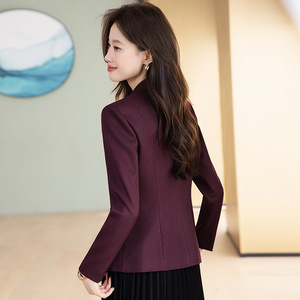Women's Purple Red Blazer Single Button Fitted Waist Long Sleeve Solid Color Polyester Anti-Wrinkle Professional Suit - Product Image 4