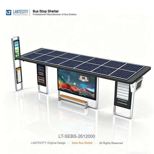 Solar Energy Smart Bus Stop Shelter with Independedent Sign and Integrated Advertising LCD Display