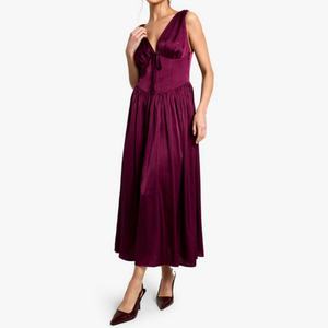 Robe midi en satin bordeaux pour femme, best-seller, col en V profond, sans manches, élégante, pour cocktail, soirée - Product Image 1