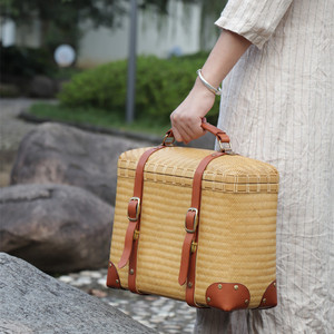 <b>Bamboo</b> Woven Tea Storage Basket 40x40x25cm Rectangle With Leather Straps For Tea Ceremony - Product Image 3
