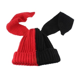 Autumn and <b>Winter</b> Women's Long-Eared Rabbit Beanie Warm Color-Blocking Knit <b>Hat</b> Stylish Cute Image-Styled Fabric - Product Image 1